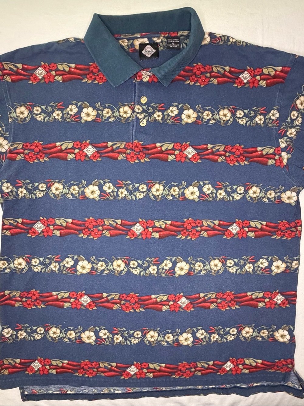Vintage-Inspired Tabasco Blue Floral Stripe Polo Shirt